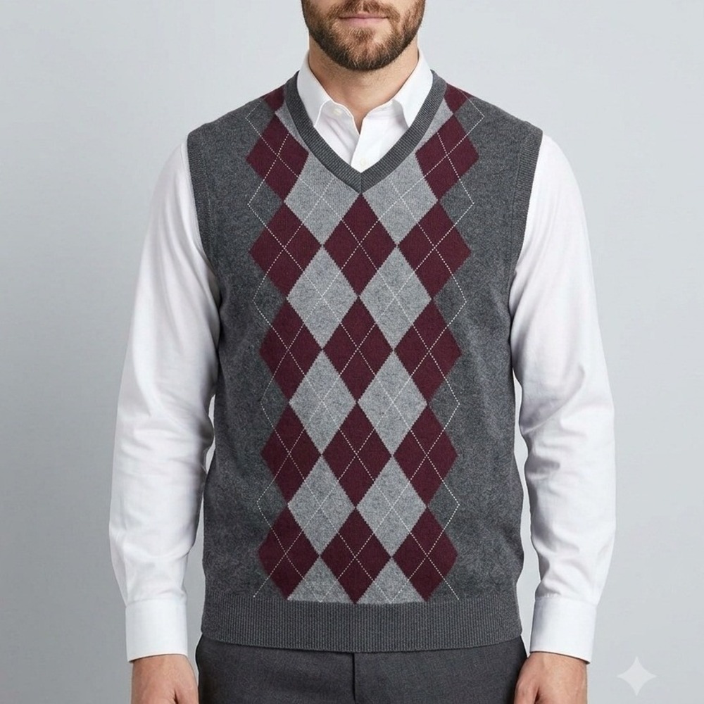Banana Republic Mens Argyle Sweater Vest Silk Cashmere Grey Burgundy V-Neck M